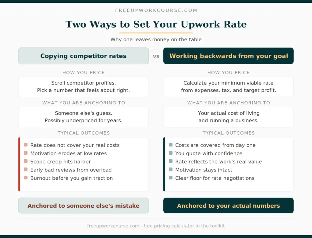 Comparison graphic showing the guesswork approach to Upwork pricing versus the formula-based approach and their respective outcomes.
